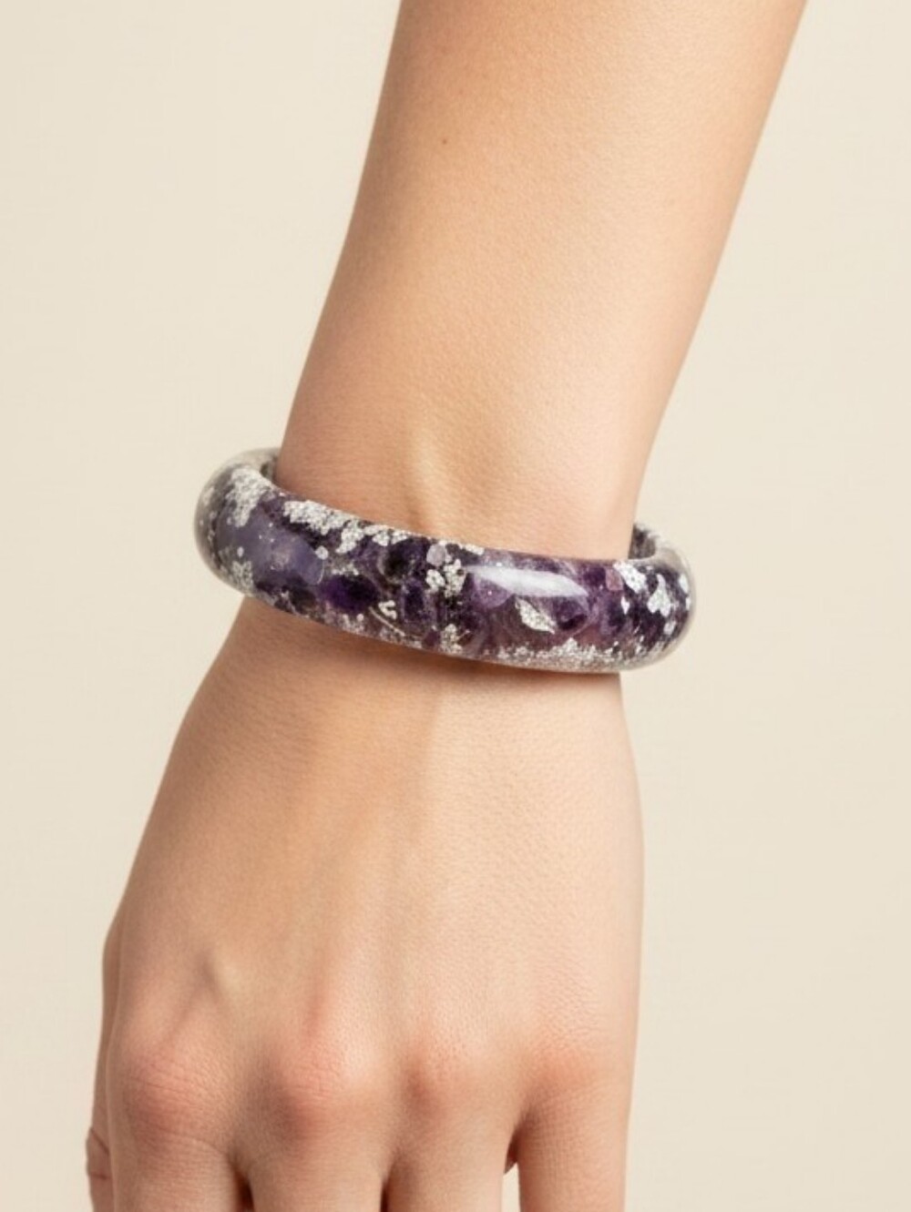 Amethyst Purple and Silver Foil Resin Chunky Bangle Bracelet